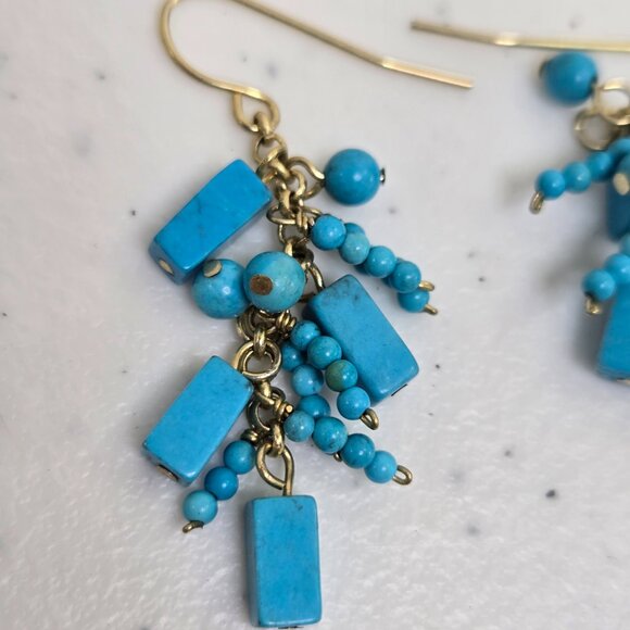 Faux Turquoise Beaded Earrings Silver Tone Boho Southwestern Dangle Drop Blue - Picture 2 of 4